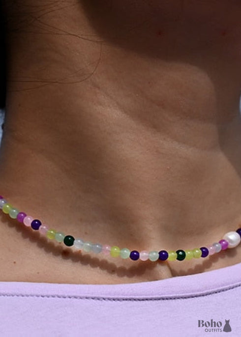 Boho Necklace, Seed Bead Choker, Crystal Pearl